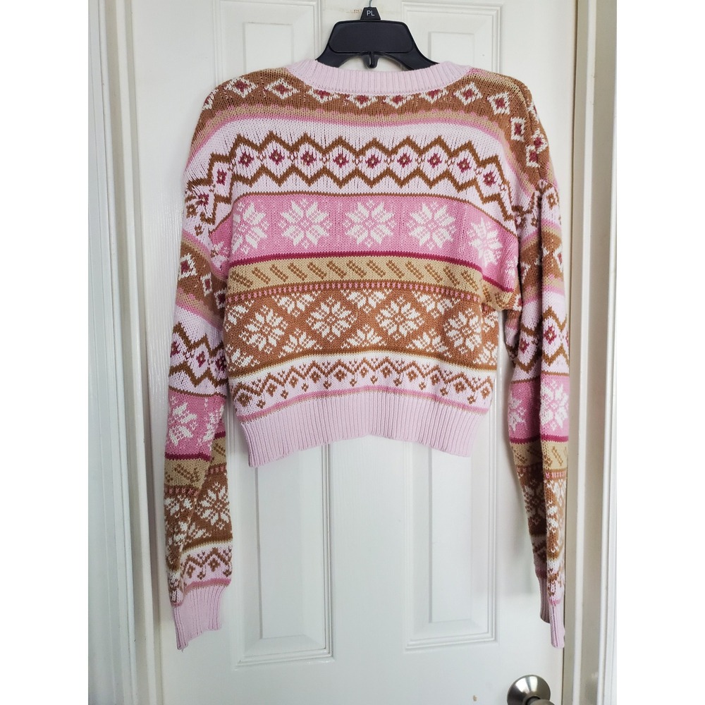 Forever 21 Sweater Pink Fair‎ Isle Snowflake Cropped Knit Pullover Medium